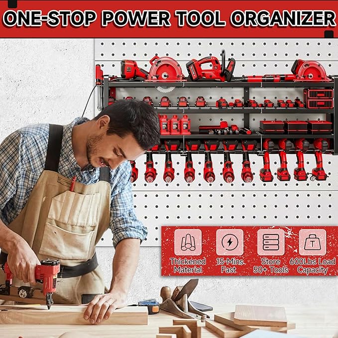 50" W Large Power Tool Organizer Wall Mount, Load 600lbs, 4 Layer Heavy Duty 12 Cordless Drills Holder, Battery Tool Storage 
