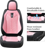 Coverado Front Seat Covers, 2 PCS Pink Seat Cover for Cars, Breathable Fabric& Faux Leather Seat Cover, Driver Seat Cushion, 