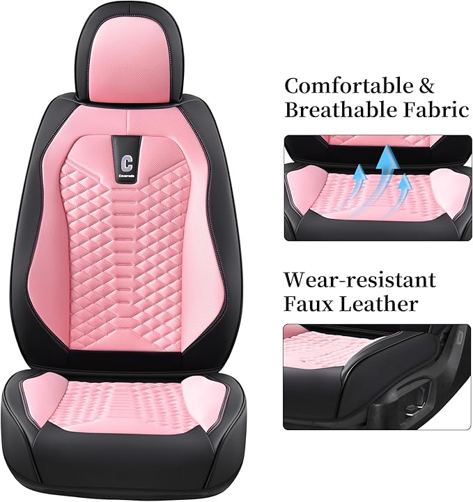Coverado Front Seat Covers, 2 PCS Pink Seat Cover for Cars, Breathable Fabric& Faux Leather Seat Cover, Driver Seat Cushion, 