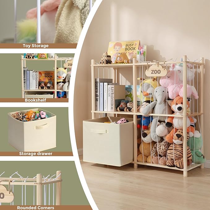 LAMU Stuffed Animal Storage and Kids Bookshelf, Wooden Toy Organizer with Large Toy Box Chest, Kids Bin Shelf Toys Box Bookca