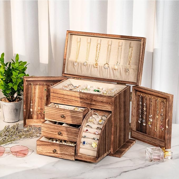 Poyilooo Jewelry Box Organizer, Solid Wood Jewelry Boxes for Women for Storage & Display Necklace Ring Earring Bracelet, Rust