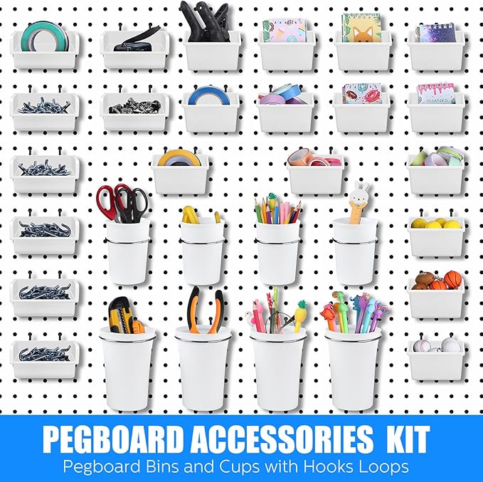 Sieral 64 Pieces Pegboard Bins Pegboard Cups with Hooks and Loops Peg Hooks Assortment Organizer Accessory for Organizing Acc