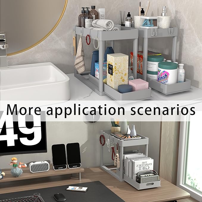 2PC Under Sink Organizer Rack 2 Tier Under Sliding Cabinet Basket Organizer Drawer with 4 Hooks, Multi-purpose Under Sink Sto