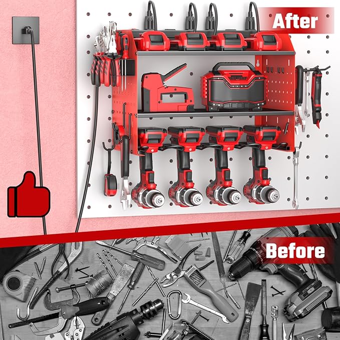 ZESEN Power Tool Organizer with Charging Station, Heavy Duty 3 Layer Drill Holder Wall Mount Garage Shelf Rack with 6 Outlet 