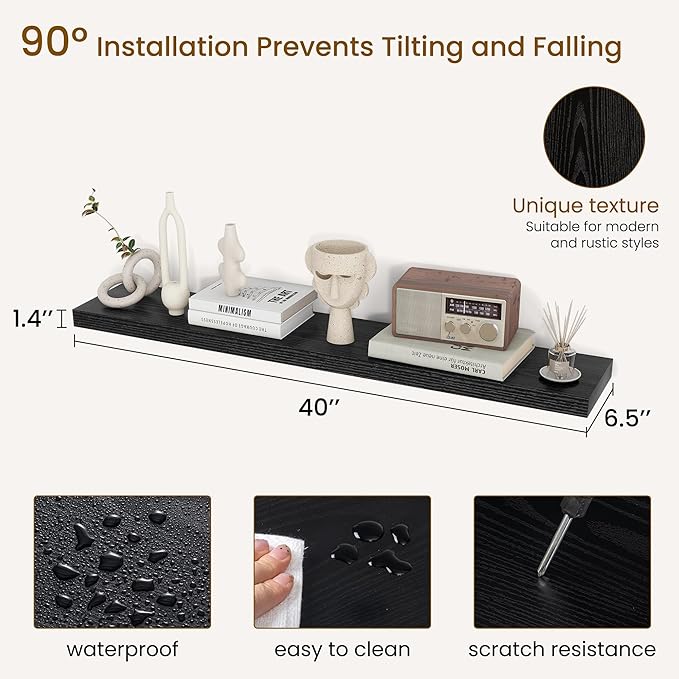 Dreamland 40Inch Floating Shelves for Wall, Rustic Wooden Black Floating Shelves for Living Room, Kitchen, Farmhouse, Deep Wa