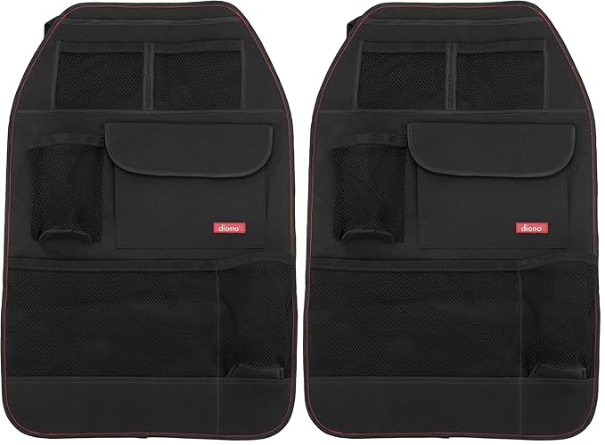 Diono Stow 'n Go Car Back Seat Organizer for Kids, Kick Mat Back Seat Protector, With 7 Storage Pockets, 2 Drinks Holders, Water Resistant, Durable Material, Black (Pack of 2)