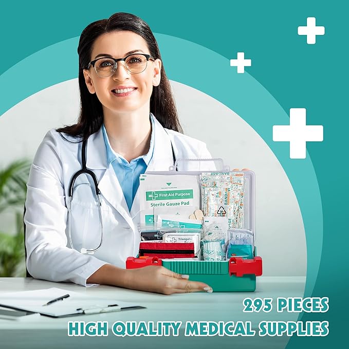 General Medi 295 Pieces Professional First Aid Kit - HardCase First Aid Box - Contains Premium Medical Supplies for Travel, H