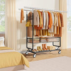 Gewudraw Heavy Duty Clothes Rack with Metal Basket, 1060 LBS Rolling Double Rod Garment Rack, Portable Extendable Clothing Ra