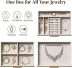 Jewelry Box Organizer Case for Women: 3-Layer Jewelry Storage Case with Glass Window, Olive Green Leather with Cream Velvet, 