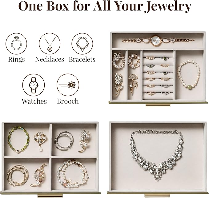 Jewelry Box Organizer Case for Women: 3-Layer Jewelry Storage Case with Glass Window, Olive Green Leather with Cream Velvet, 