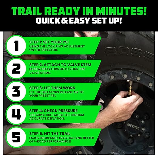 Rhino USA Adjustable Tire Deflators with Gauge (0-60psi) Calibrated & Automatic Tire Air Down Tool - Large 2" Easy Read Glow Dial & Solid Brass Hardware - Best Offroad Deflator for Jeep, Truck or ATV