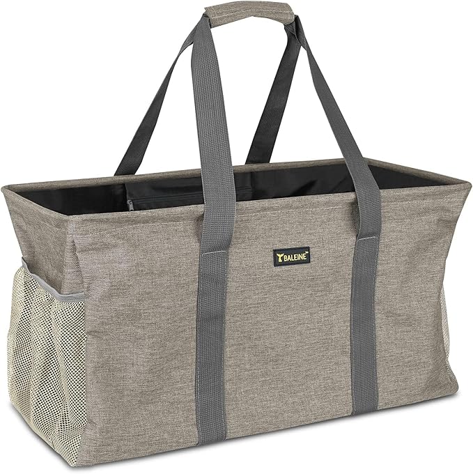 BALEINE Extra Large Utility Tote Bag with Reinforced Wire Frame, Reusable Grocery Bag for Shopping, Picnic (Beige, 22''x12''x10'')