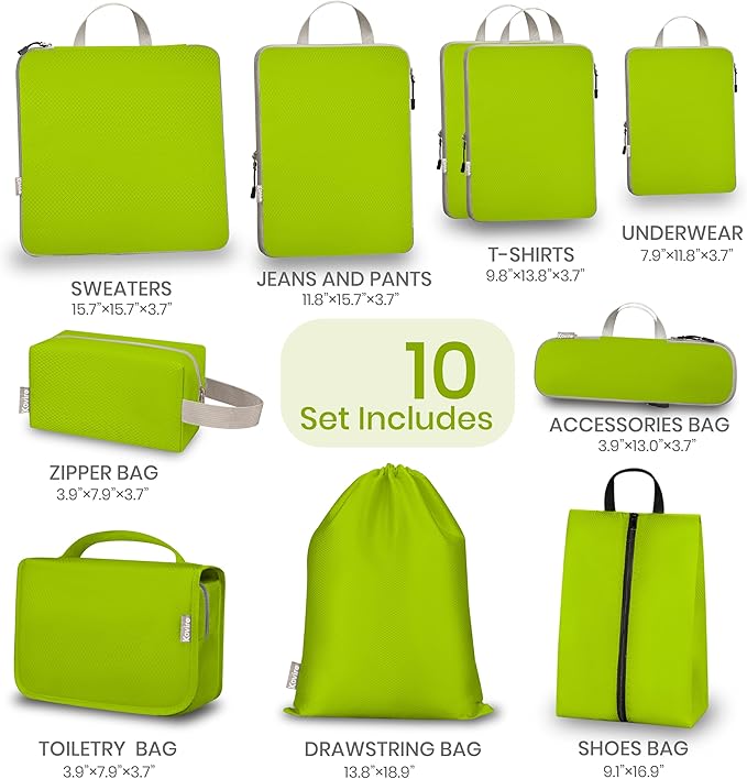 Compression Packing Cubes for Travel, Set of 10 Expandable Luggage Organizers with Shoe Bag, Lightweight Water-Resistant Suit