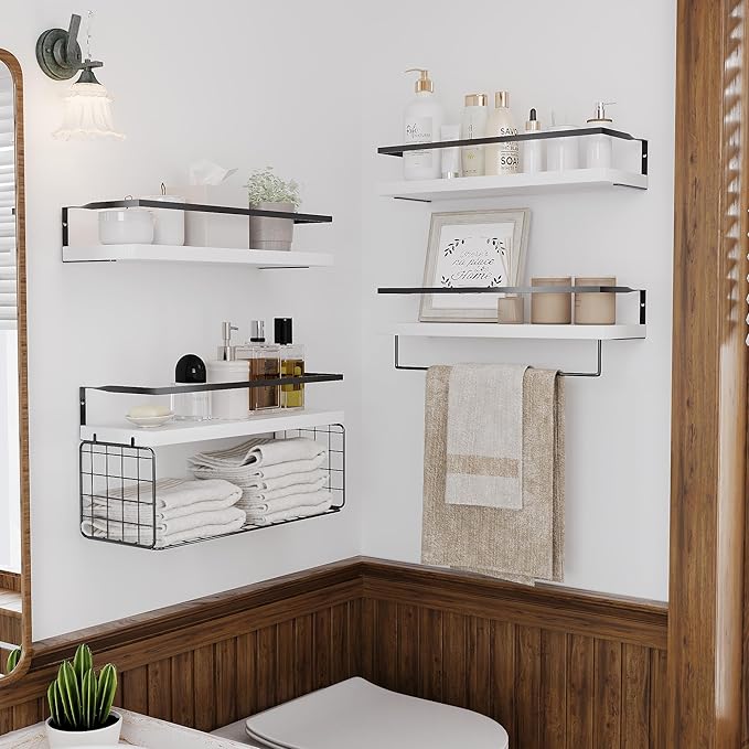 White Wood Floating Shelves Wall Mounted - 4+1 Tier Rustic Bathroom Wall Shelves Over Toilet with Wire Storage Basket and Tow