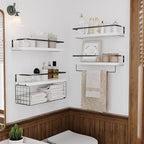 White Wood Floating Shelves Wall Mounted - 4+1 Tier Rustic Bathroom Wall Shelves Over Toilet with Wire Storage Basket and Tow
