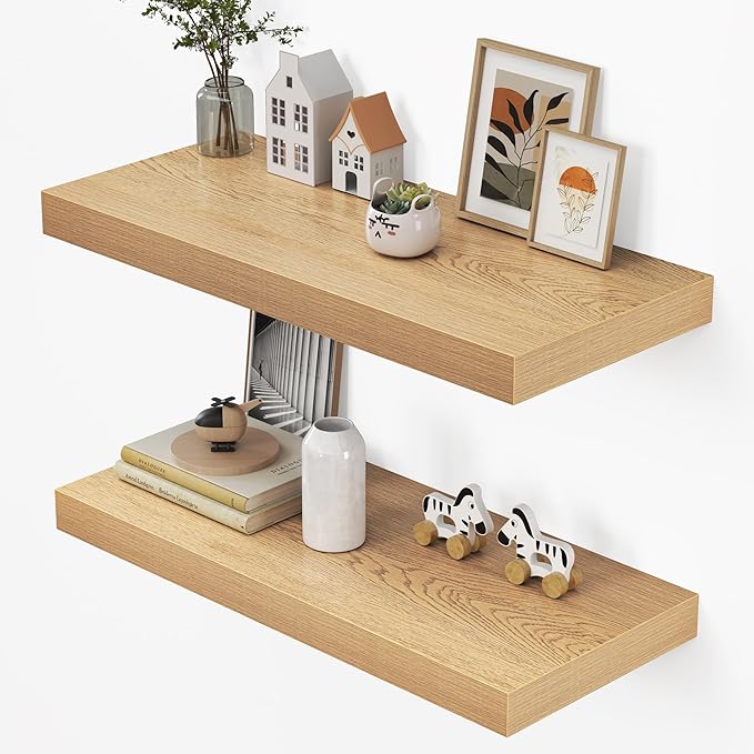 Dreamland 32" Floating Shelves for Wall, 12" Deep Thicker Oak Floating Shelves, Wall-Mounted Shelves for Bedroom, Living Room