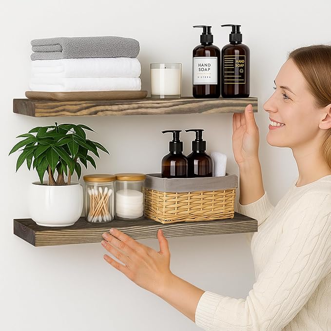 BGMG 30 inch Walnut Floating Shelves for Wall Set of 2,High End Solid Real Wood 30 in Floating Shelf,Rustic Wooden Wall Mount