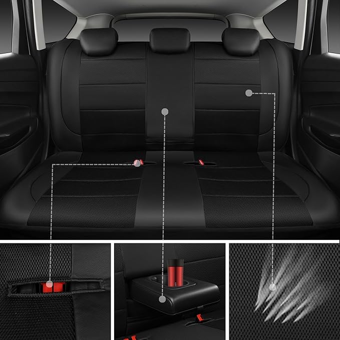 CAR PASS Leather Back Seat Cover, Breathable Mesh Universal Bench Seat Cover, Super 5mm Composite Sponge Inside, Airbag Compa