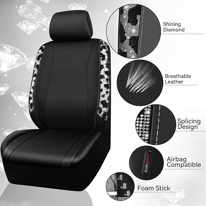 CAR PASS Leather Cow Bling Diamond Car Seat Covers Front & Rhinestone Carpet Car Floor Mats & Sparkly Steering Wheel Cover 15