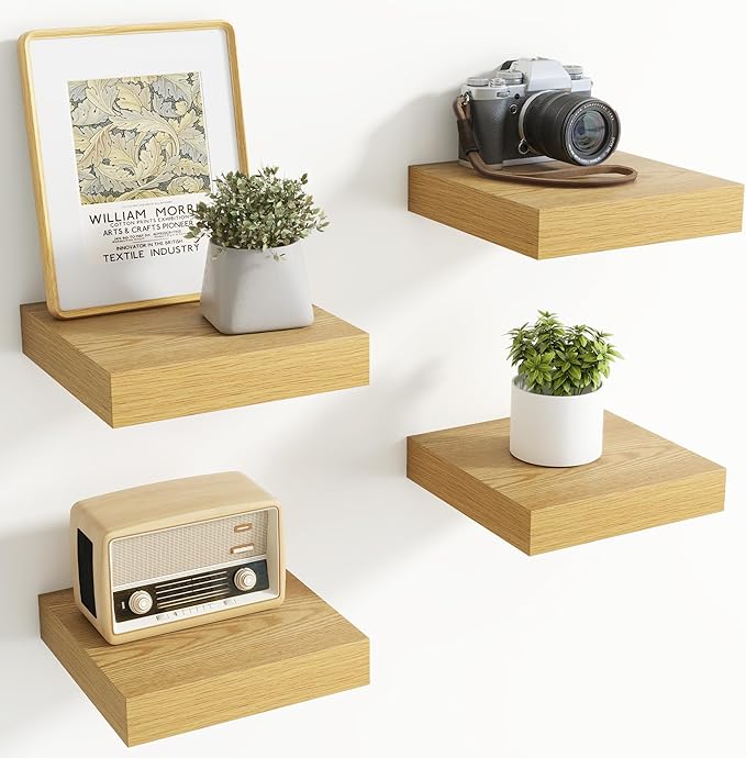 Axeman Square Floating Shelves for Wall, 8" W x 8" D x 1.4" H Rustic Wooden Wall Shelves, 4 Pack Wall Mounted Floating Shelf 