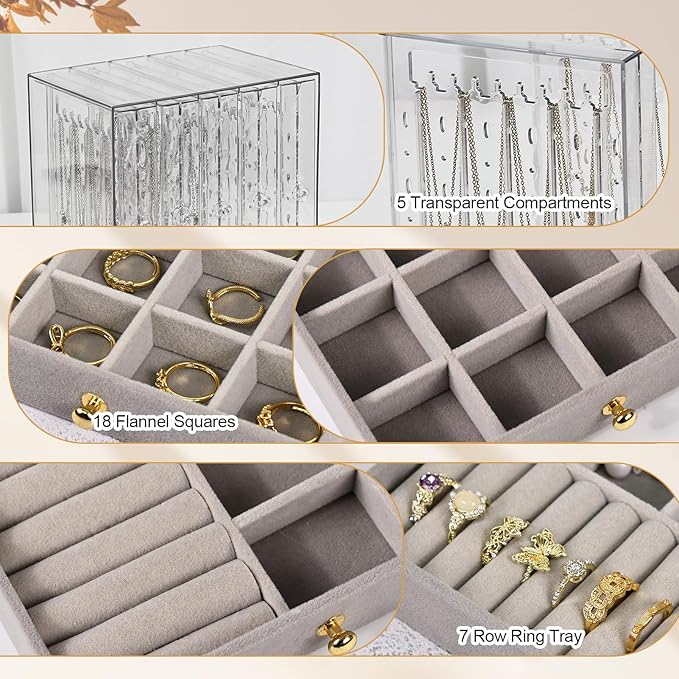 Greenfeather Jewelry Organizer with 7 Removable Drawers, Clear Acrylic Jewelry Box with 40 Necklace Hooks, 120 Pairs of Earri