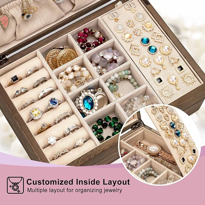 Pinzoveco Jewelry Box for Women, Rustic Wooden Jewelry Organizer Box for Storage Earrings Rings Necklace Bracelet, Farmhouse 
