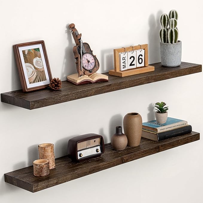 Dreamland Floating Shelves for Wall 40"x8" Set of 2 - Flat Edge Rustic Solid Elm Wood Shelves, Heavy Duty Wall Mounted Shelve