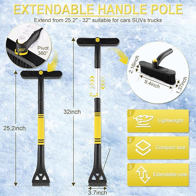 LivTee 32" Snow Brush and Ice Scrapers for Car Windshield, Extendable Car Snow Accessories with Foam Grip, Brush Supports 360 Degree Rotation, Car Winter Removal Tool for Cars, Trucks, SUVs