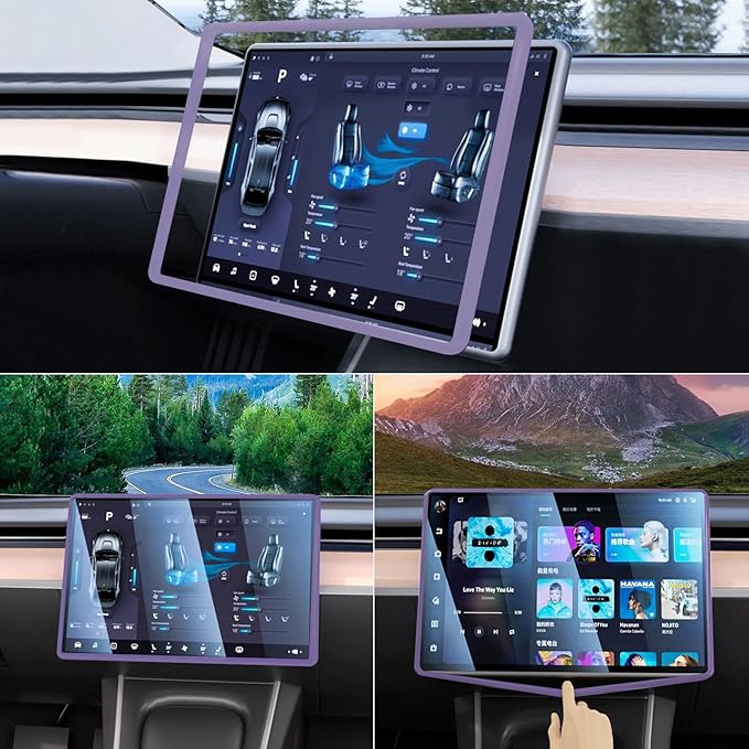 2PCS Protector Trim Frame Compatible with Tesla Model 3 Y 2020-2024 2025 2026 Screen Edge Frame Rearview Mirror Cover Interior Decorations Center Console Decor Highland Juniper Accessories (Purple)