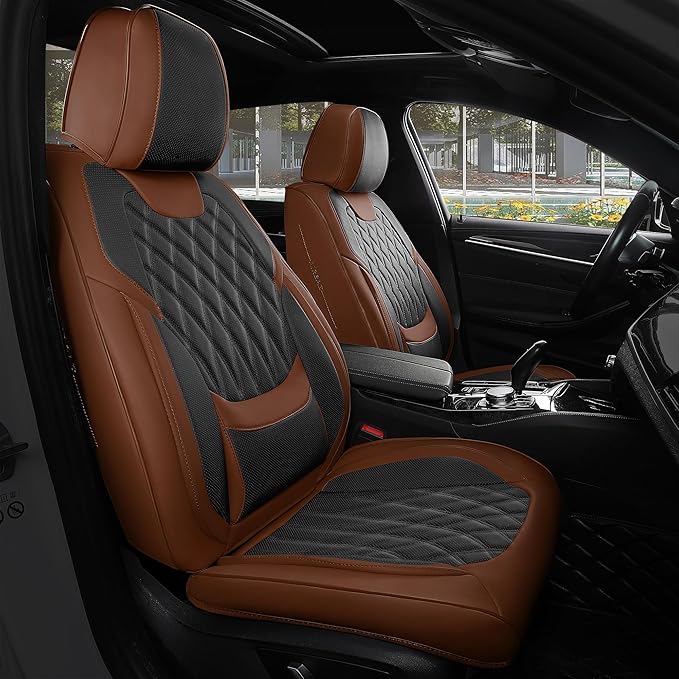 FREESOO Black Brown Car Seat Covers Full Set - Faux Nappa Leather Seat Covers for Cars, Breathable Waterproof Front Seats Pro