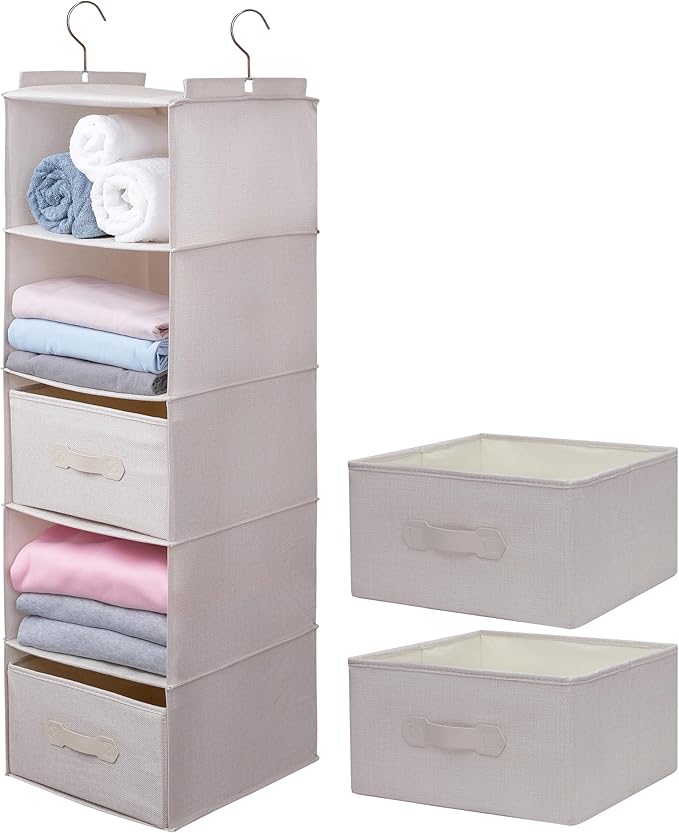 Large Hanging Sweater Organizer for Closet,Collapsible 6-Shelf Hanging Closet Shelves with Drawers, Washable (Beige -5 Shelf-