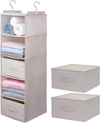 Large Hanging Sweater Organizer for Closet,Collapsible 6-Shelf Hanging Closet Shelves with Drawers, Washable (Beige -5 Shelf-
