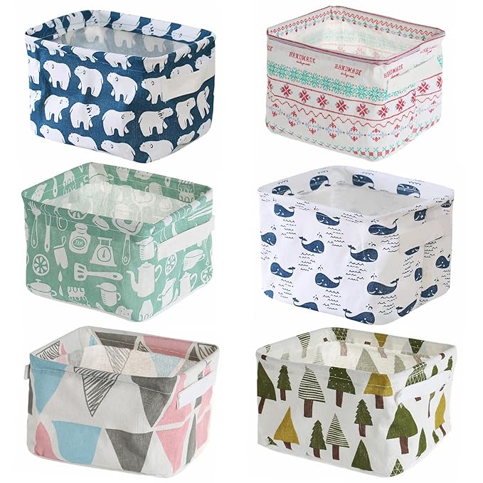 Foldable Storage Basket - Set of 6 Small Collapsible Canvas Containers Organizers with Handle for Home Decor or Storing Toys,