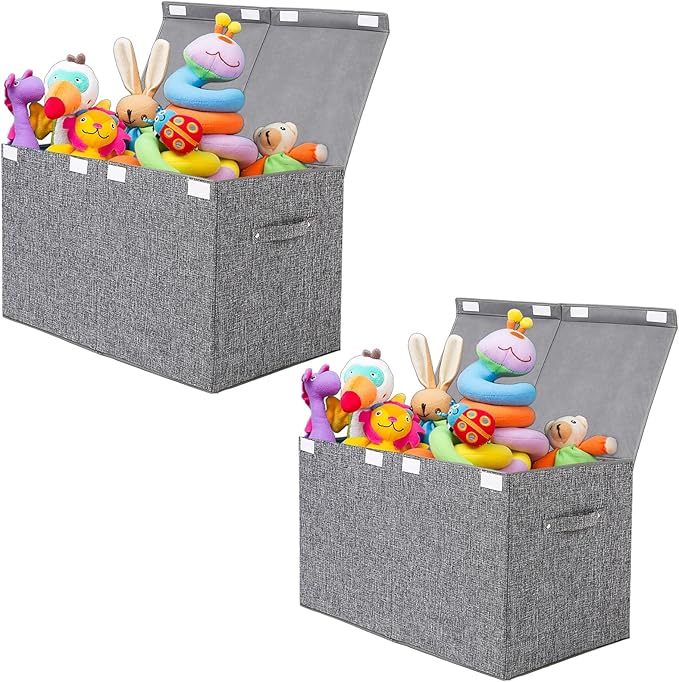 popoly 2 Pack Large Toy Box Chest with Lid, Collapsible Sturdy Toy Storage Organizer Boxes Bins Baskets for Kids, Boys, Girls