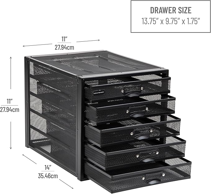 Mind Reader File Storage Drawers, Desk Organizer, Multi-Purpose, Crafts, Office, Metal Mesh, 11"L x 14"W x 11"H, Black, 5 Dra