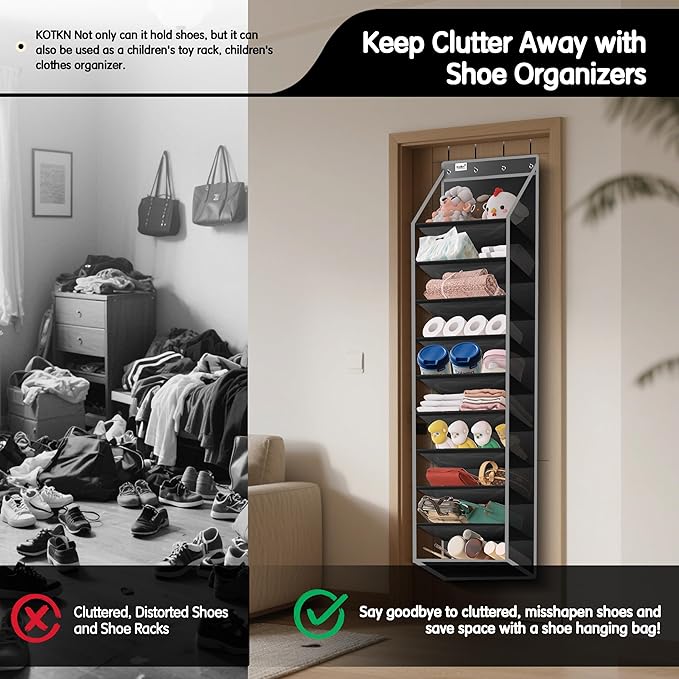 Kotkn 10 Tier Over The Door Organizer - Heavy Duty Hanging Storage Rack with Sturdy Oxford Fabric, Holds 20+ Pairs of Footwea