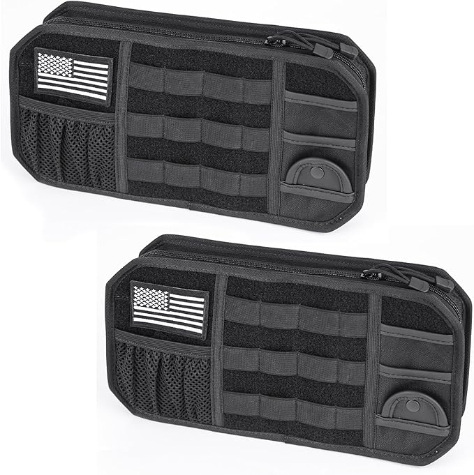 MAIKER 2 Packs Car Sun Visor Organizer, Car Organizer with Zipper Visor Organizer Storage Pouch, Glasses Clip, Card Holder, Molle Panel for Tactical Gears, for Most Vehicles, SUVs & Trucks