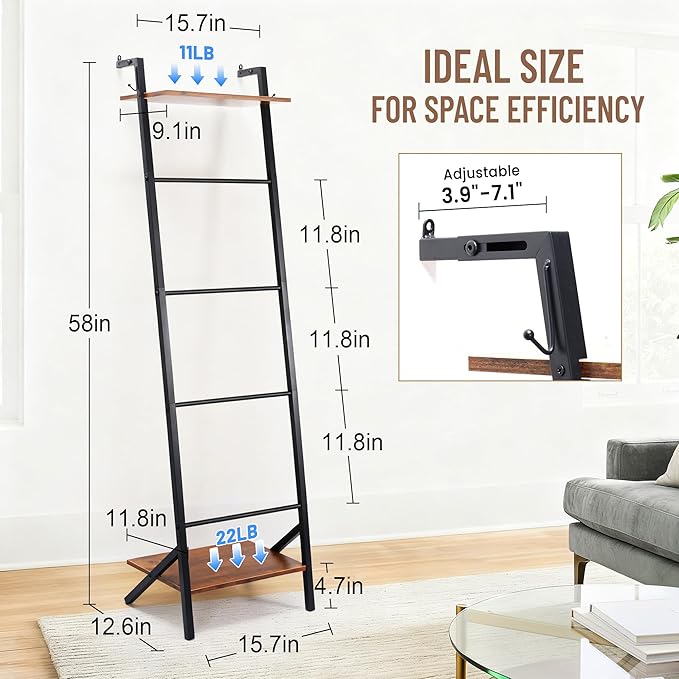 5 Tier Blanket Ladder with Shelf and Hooks, 4.8ft Metal Ladder Shelf Blanket Holder Storage Rack for Living Room, Free Standi