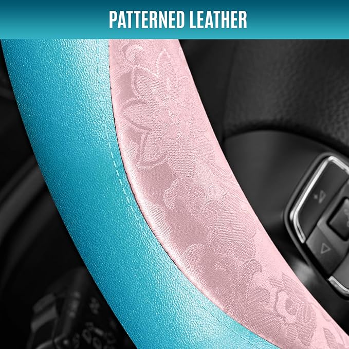 PIC AUTO Steering Wheel Cover, Pink Patterned & Blue Leather Patchwork Design, Universal Fit 14.5"–15.5", Anti-Slip, Odor-Fre