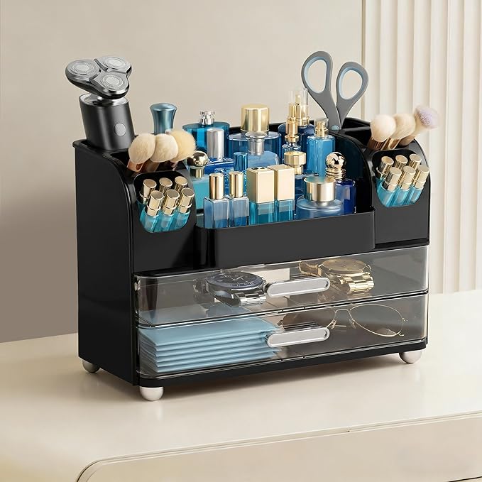 HBlife Makeup Organizer for Vanity with Brush Holder, Cologne Organizer for Men, Large Bathroom Countertop Cosmetic Organizer