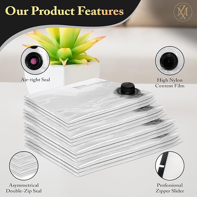 Vacuum Storage Bags – 12 Pack with Hand Pump | Space Saver Compression Bags for Clothes & Bedding | Extra Thick, Airtight Dou