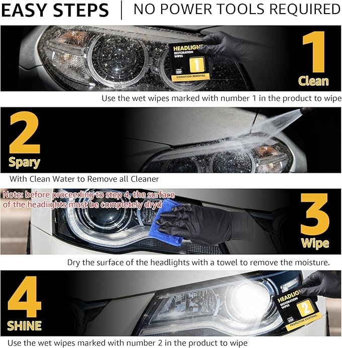 Headlight Restoration Kit, 3-Step Headlight Cleaner Wipes, Removes Yellowing, Oxidation & Cloudiness, Restores Clarity with U