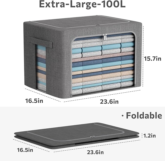 CYhom Extra Large Clothes Storage Bins - Linen Fabric Foldable Stackable Container Organizer Set with Clear Window & Carry Ha