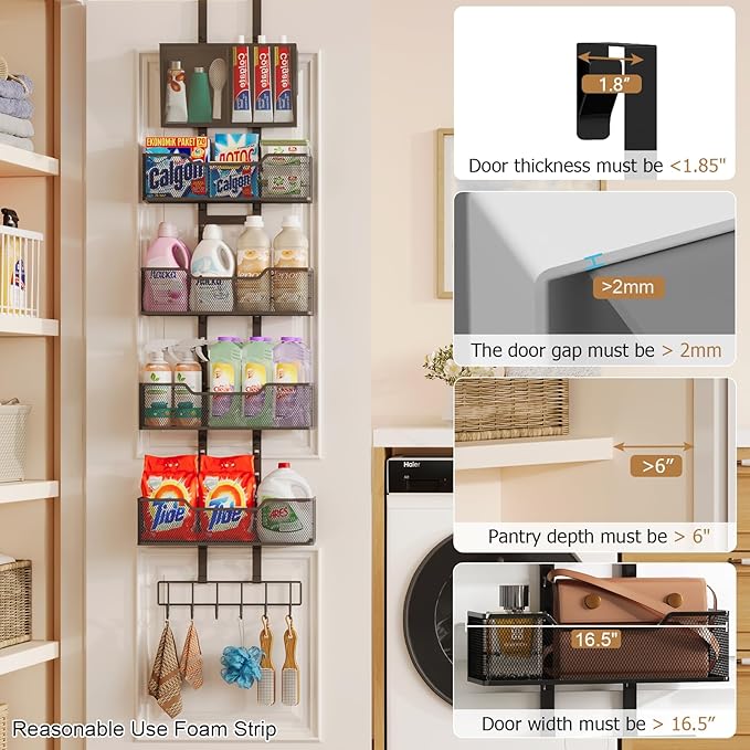 Hongtamoya Adjustable Over The Door Organizer, Closet Door Organizer Heavy Duty Hanging Door Storage with 4 Metal Baskets and