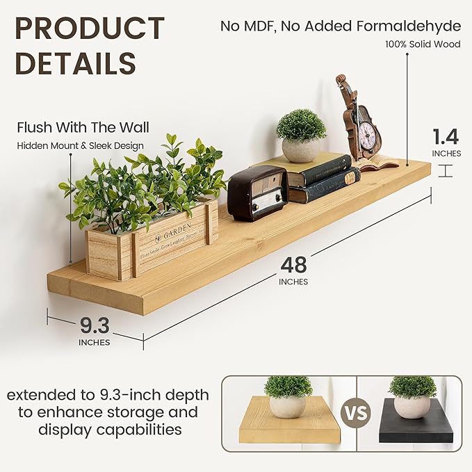 Marsmiles 48 Inch Floating Shelf | 9.3 Inch Deep Natural Wood Wall Shelf Set of 1 | Rustic Reclaimed Wood Shelves for Room Wa