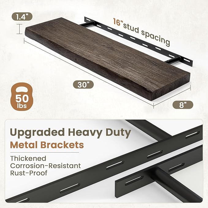 Fun Memories Floating Shelves for Wall Decor Set of 2-30 Inch Solid Elm Wood Live Edge - Rustic Walnut Wall Shelves with Invi