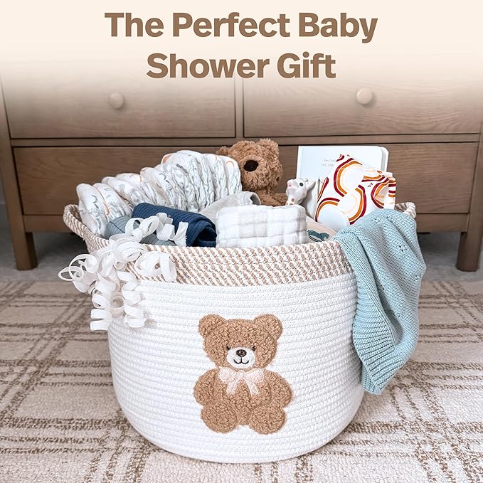 Teddy Bear Storage Basket for Nursery – Large 15"x11" Cotton Rope Bin with Soft Embroidered Bear Patch – Gender Neutral Toy O