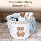 Teddy Bear Storage Basket for Nursery – Large 15"x11" Cotton Rope Bin with Soft Embroidered Bear Patch – Gender Neutral Toy O