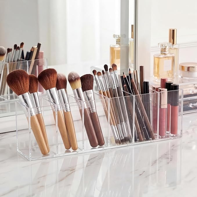 Jetec Acrylic Pen Holder 6 Compartments Makeup Brush Stationery Organizer Pencil Holder for Desk Accessories, Cosmetic Brushe
