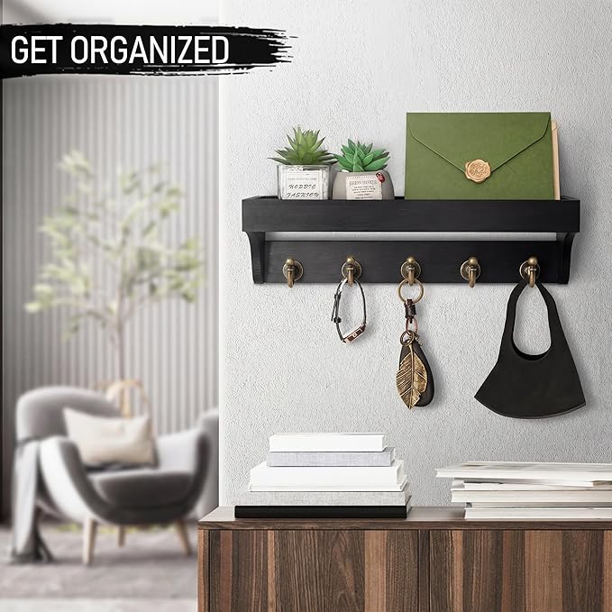 Rebee Vision Key Holder for Wall with Shelf : Decorative Key Organizer with 5 Rustic Keys Hooks and Primitive Wood Mail Organ